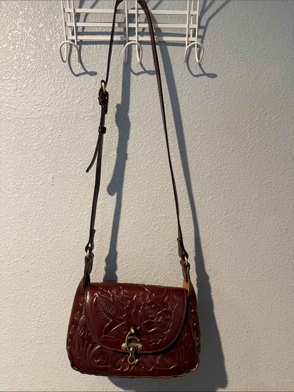Hand-Tooled Leather Crossbody Bag in Deep Mahogany-Patricia Nash